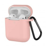 Husă din silicon pentru Airpods 1 și 2 cu carabină - Roz pal